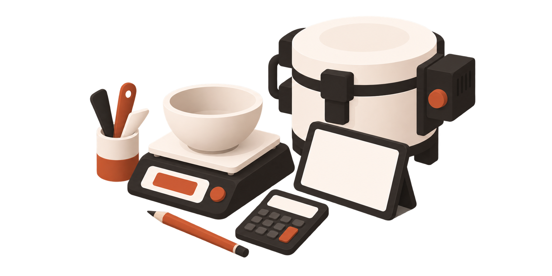 Illustration: a scale with a ceramic bowl, a tablet, a calculator and a pencil in front of a kiln