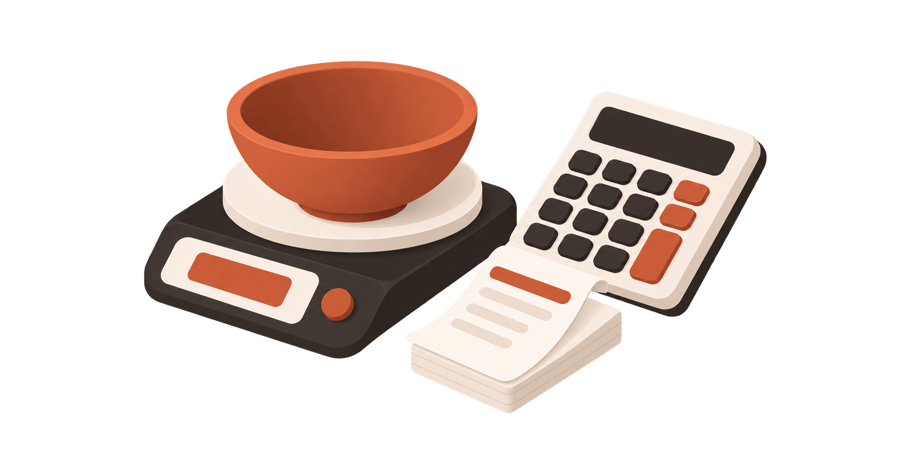 A kitchen scale with a ceramic bowl on it, a calculator and a stack of receipts beside it