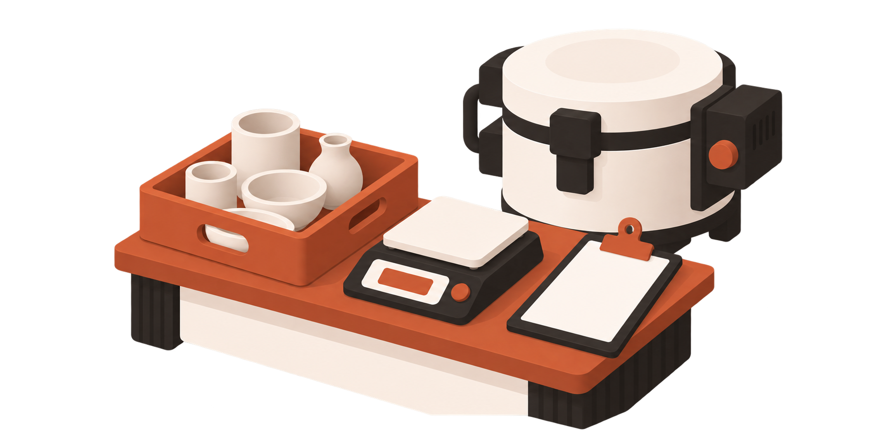 A crate of unglazed pottery on a counter, next to a scale and a clipboard with a blank sheet, a closed kiln behind them