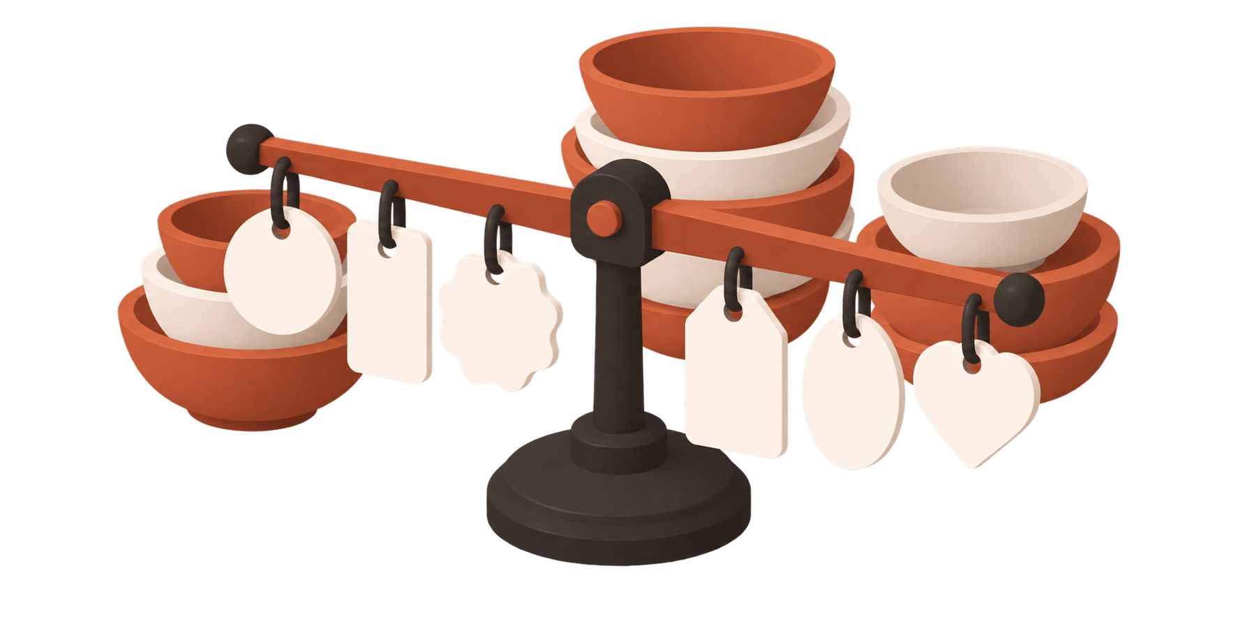 A beam scale with six differently shaped empty price tags hanging from it, stacked bowls behind