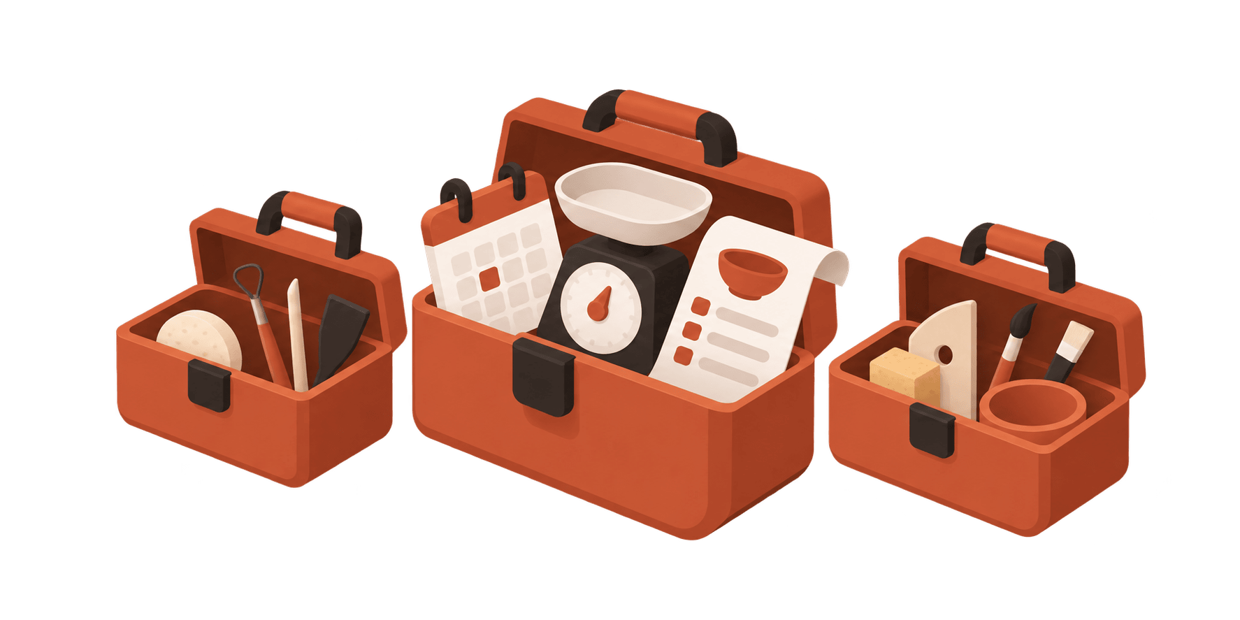 Three open toolboxes in a row, calendar, scale and receipt sticking out of the middle one