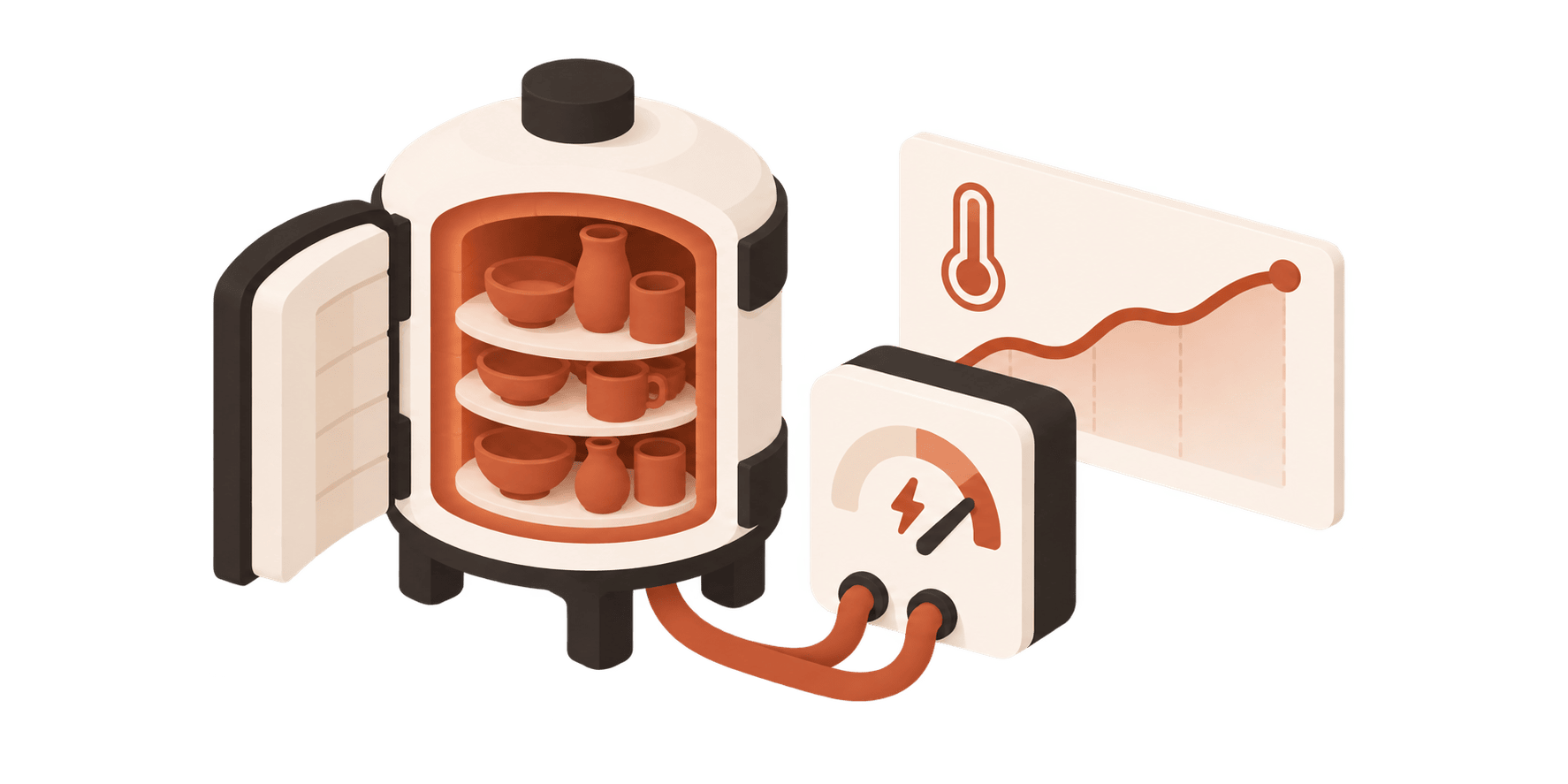 An open kiln with loaded shelves, a power meter and a rising temperature curve beside it