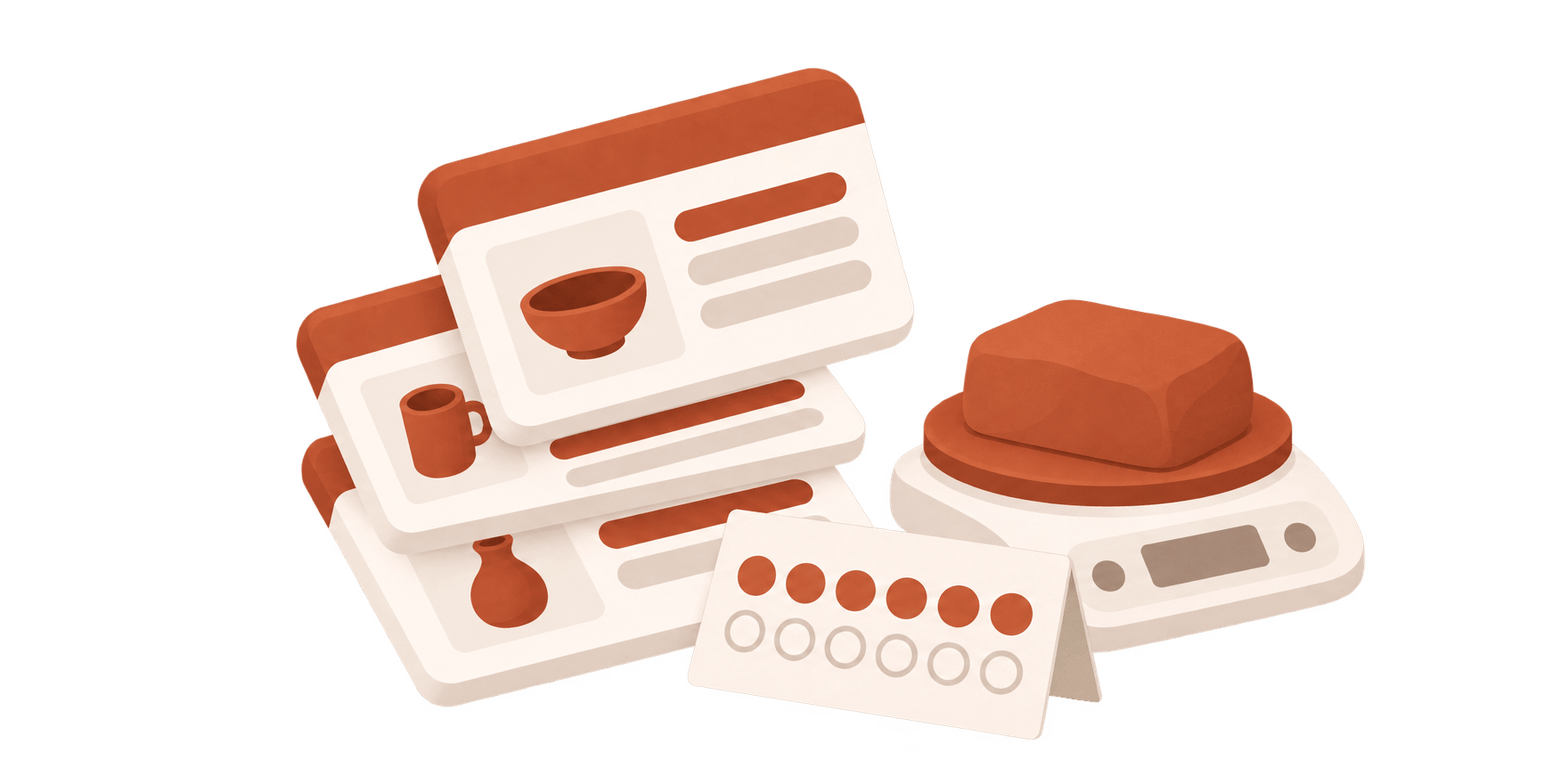 Three stacked plan cards, next to them a kitchen scale with a block of clay and, in front, a card with some fields filled