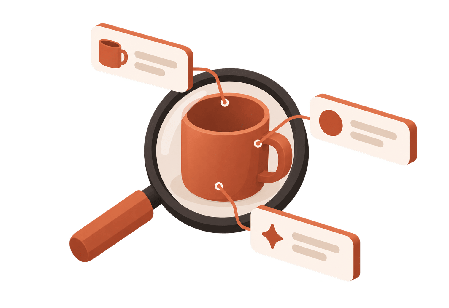 A ceramic mug under a magnifying glass, three labels pointing at stored details