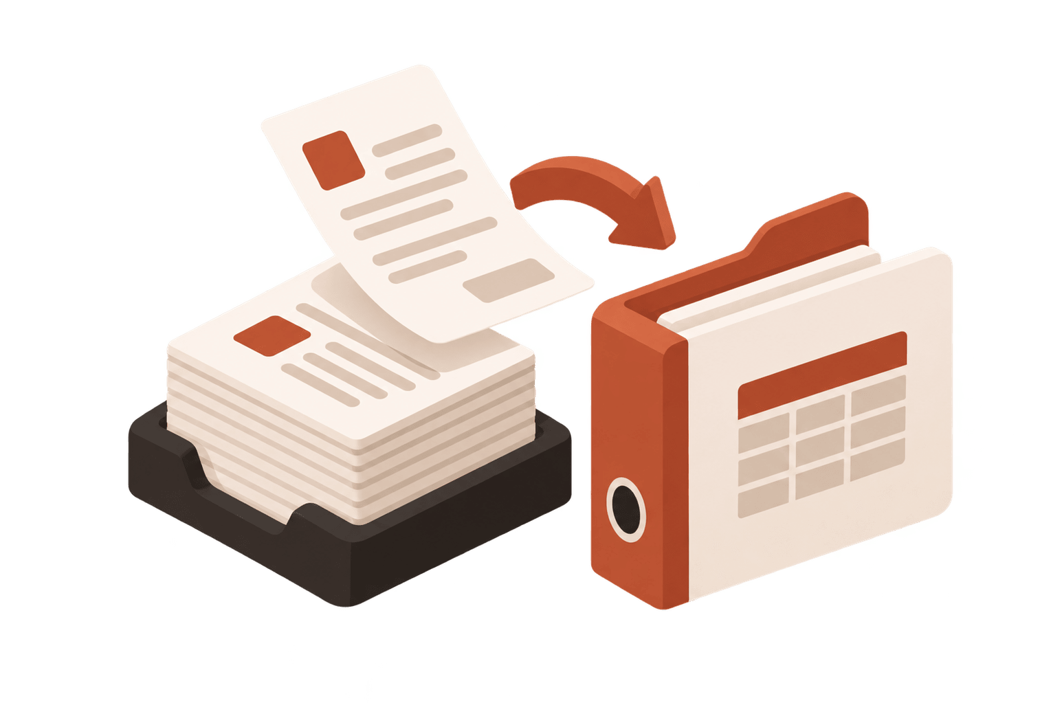 A stack of receipts with one sheet pulled out, a folder with a table icon for the CSV export