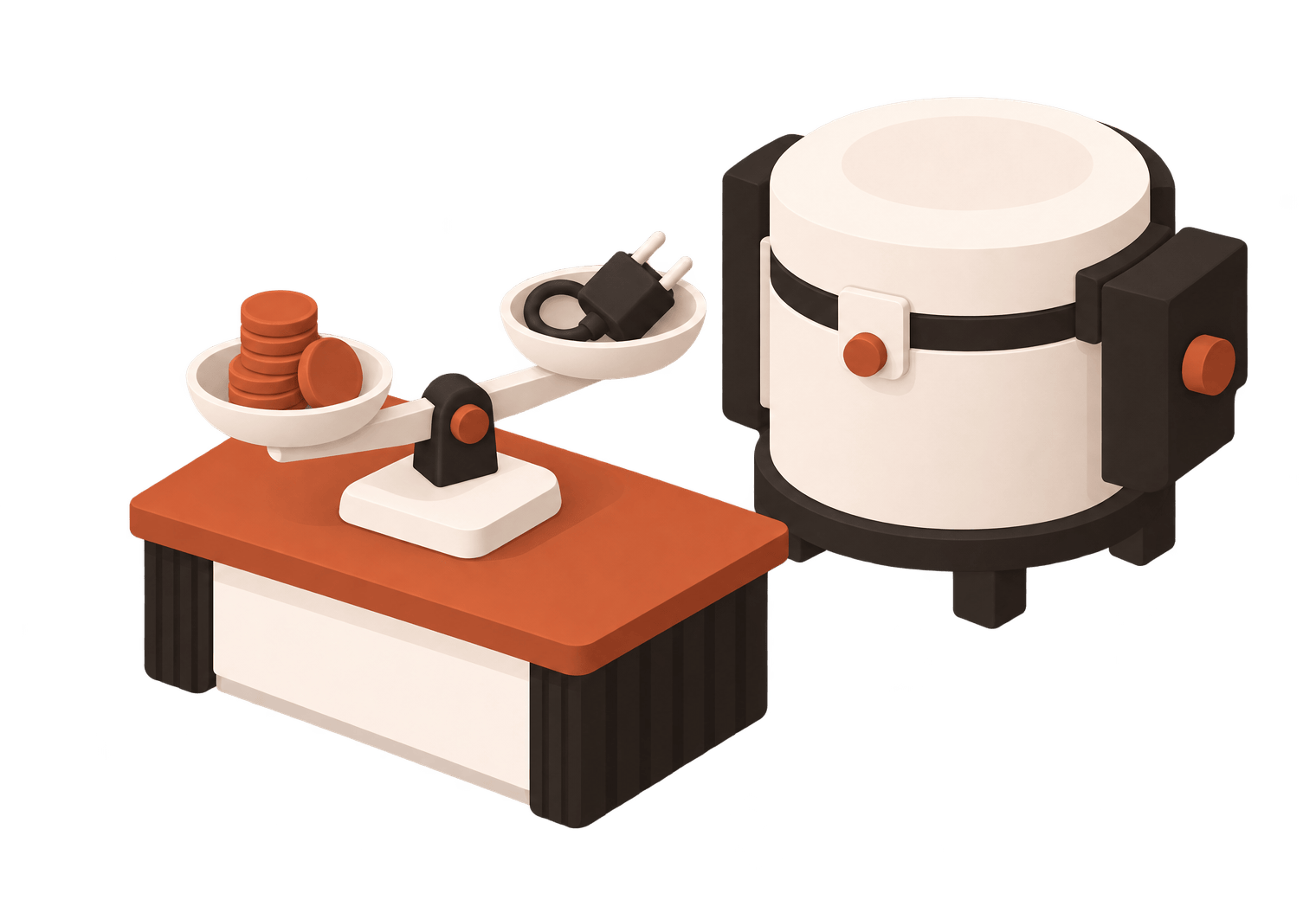 A kiln next to a balance scale with coins on one side and a plug on the other