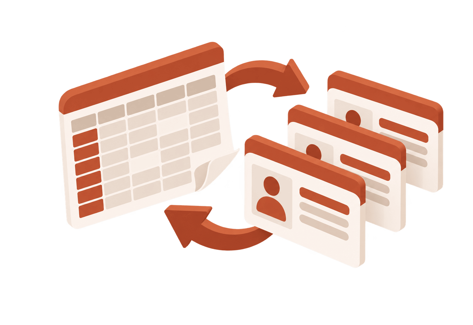 A spreadsheet unfolding into member cards, with arrows both ways for import and export