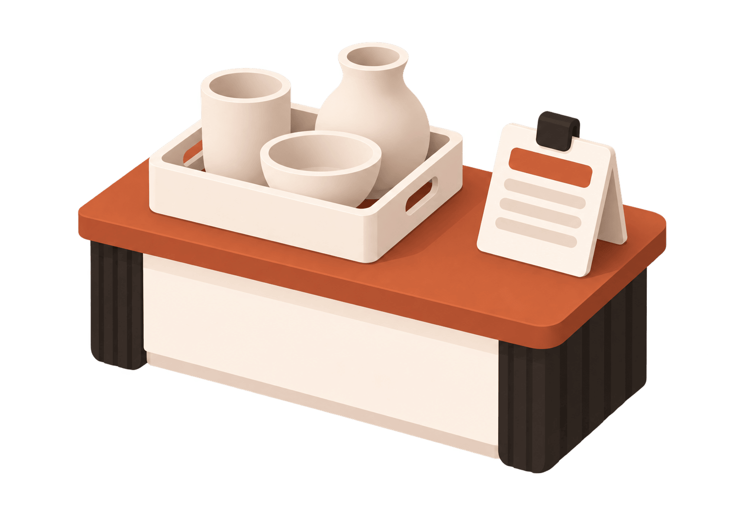A drop-off counter with a shallow crate of unfired ware and an order card beside it