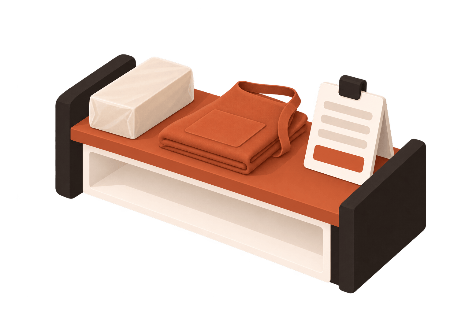 A shelf with a block of clay, a folded apron and a sheet with a total line