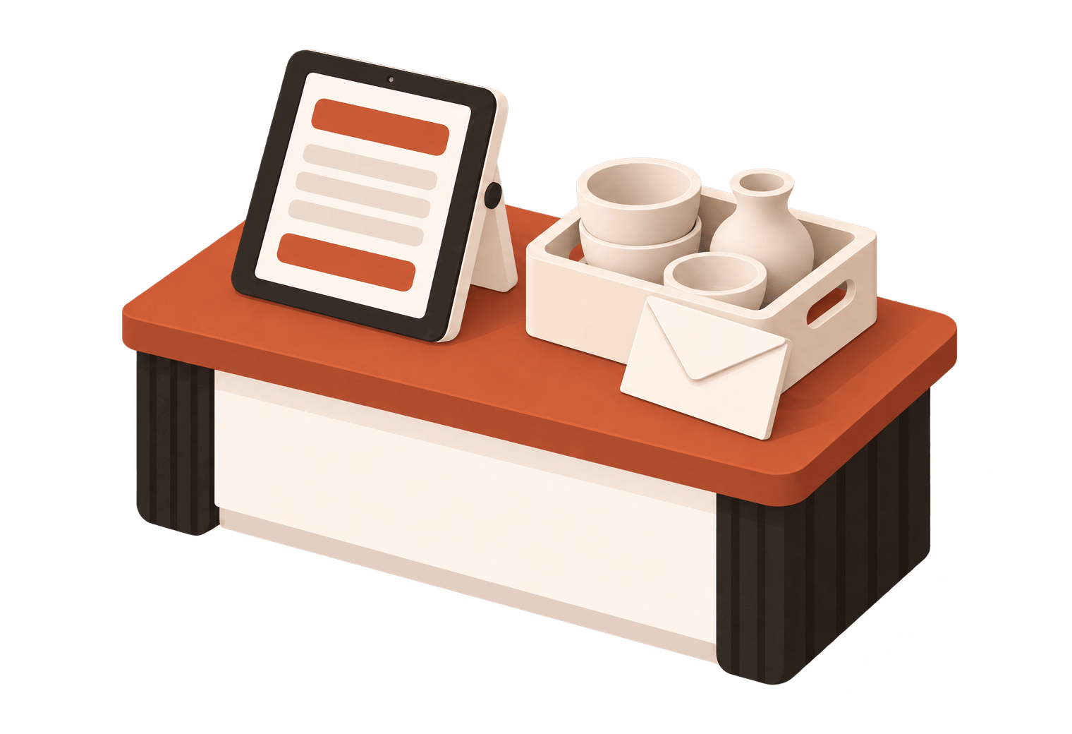 A counter with a tablet showing an empty sign-up form, next to a crate of unfired pieces and an envelope