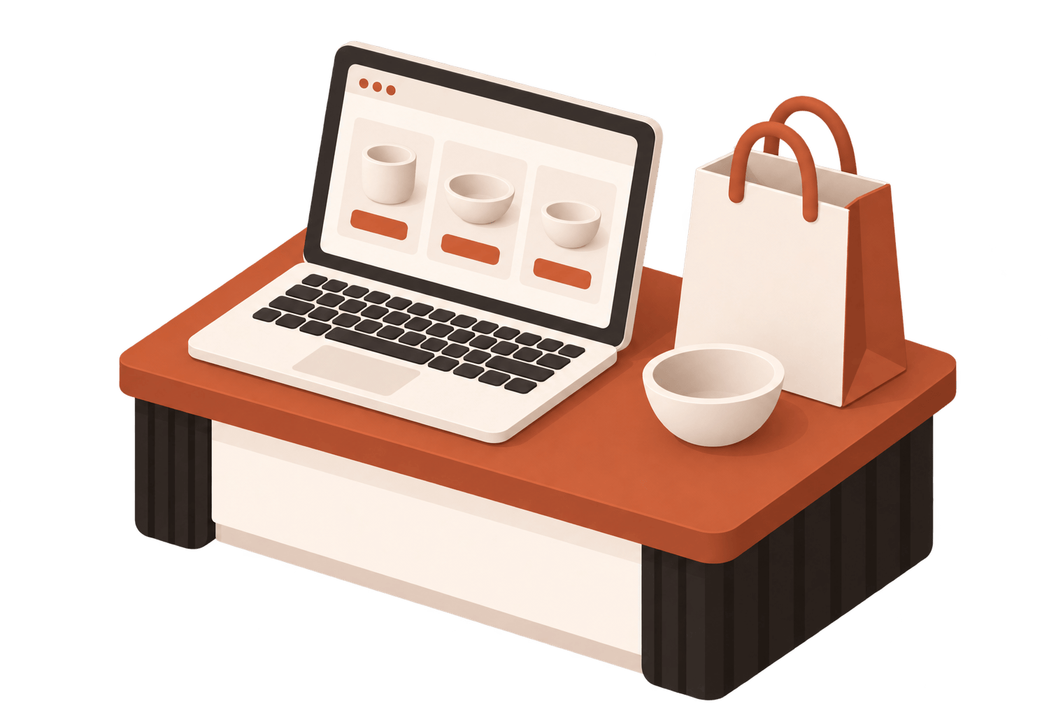 A laptop showing a shop of bowls, next to a shopping bag and a bowl
