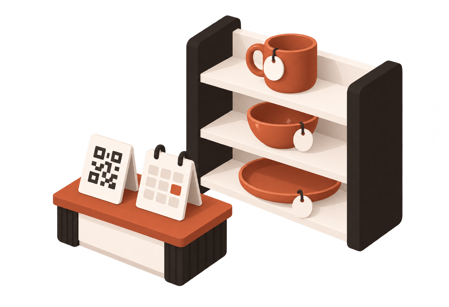 A pickup shelf with glazed pieces and tags, in front of it a QR sign and a calendar page