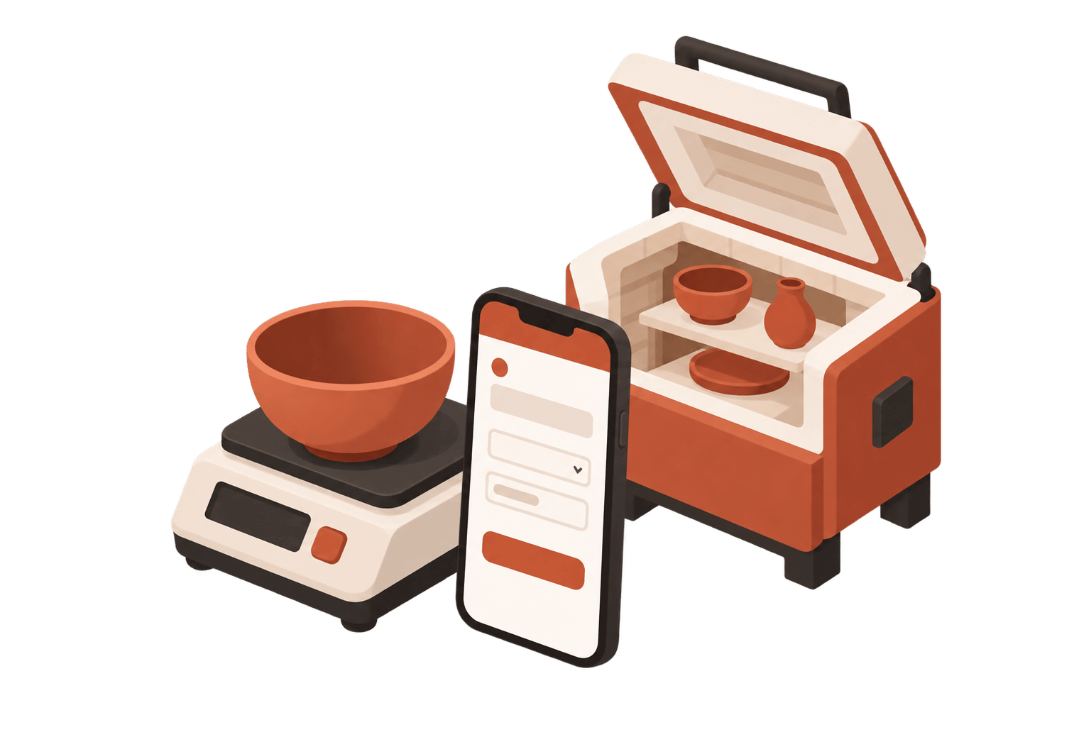 Kitchen scale with a ceramic bowl, a phone with an input form beside it, open kiln behind