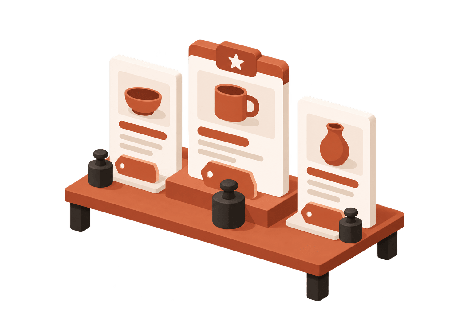 Three plan cards on a table, each with a price tag and kilo weight, the middle one highlighted