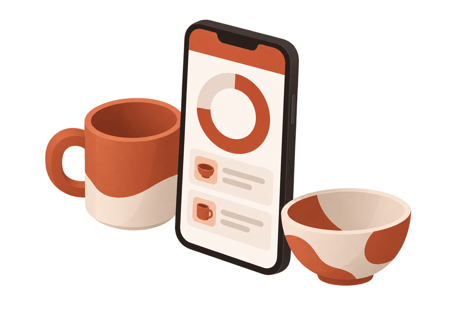 Phone showing a quota ring chart, two summary cards below, and two finished ceramic pieces beside it