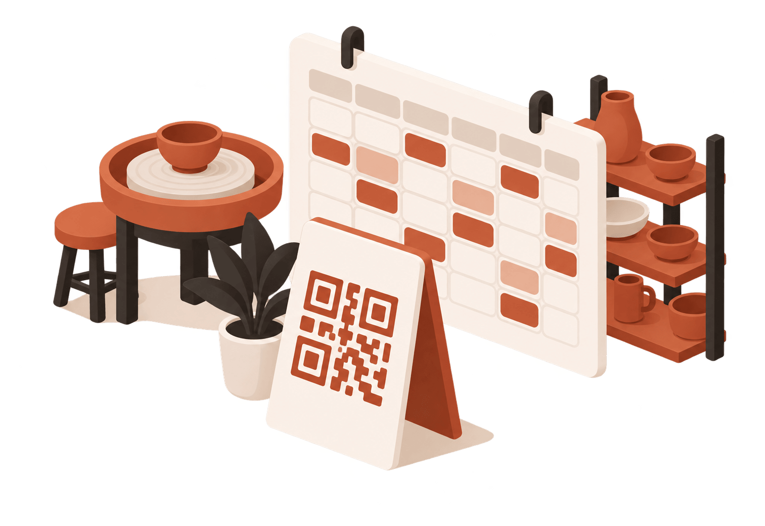 QR-code stand in a workshop, a week grid with booked cells behind it, and a wheel to the side