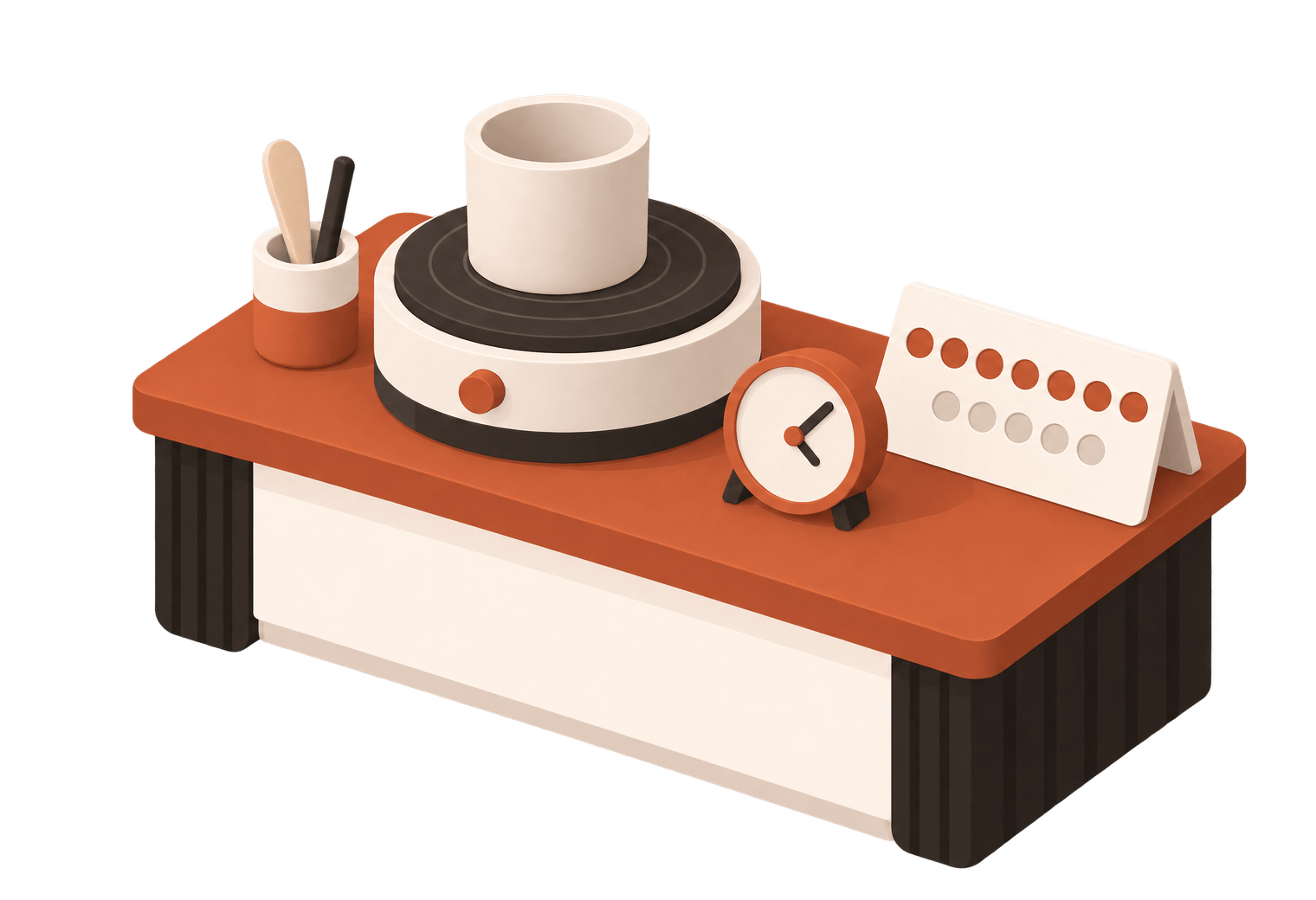 A workbench with a pottery wheel, a small clock and a partly punched 10-visit card