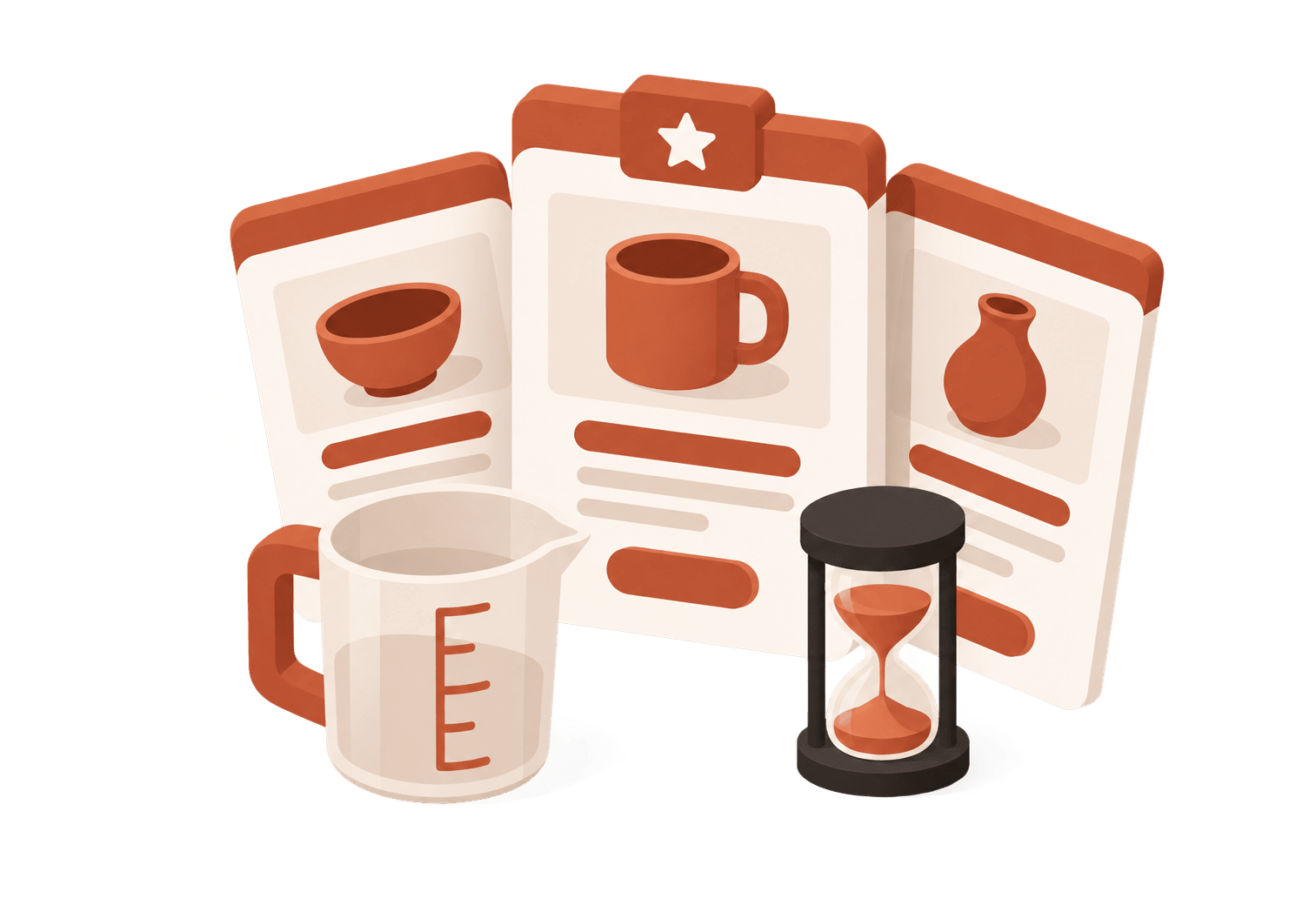 Three plan cards fanned behind a measuring jug with kilo marks and an hourglass for studio hours